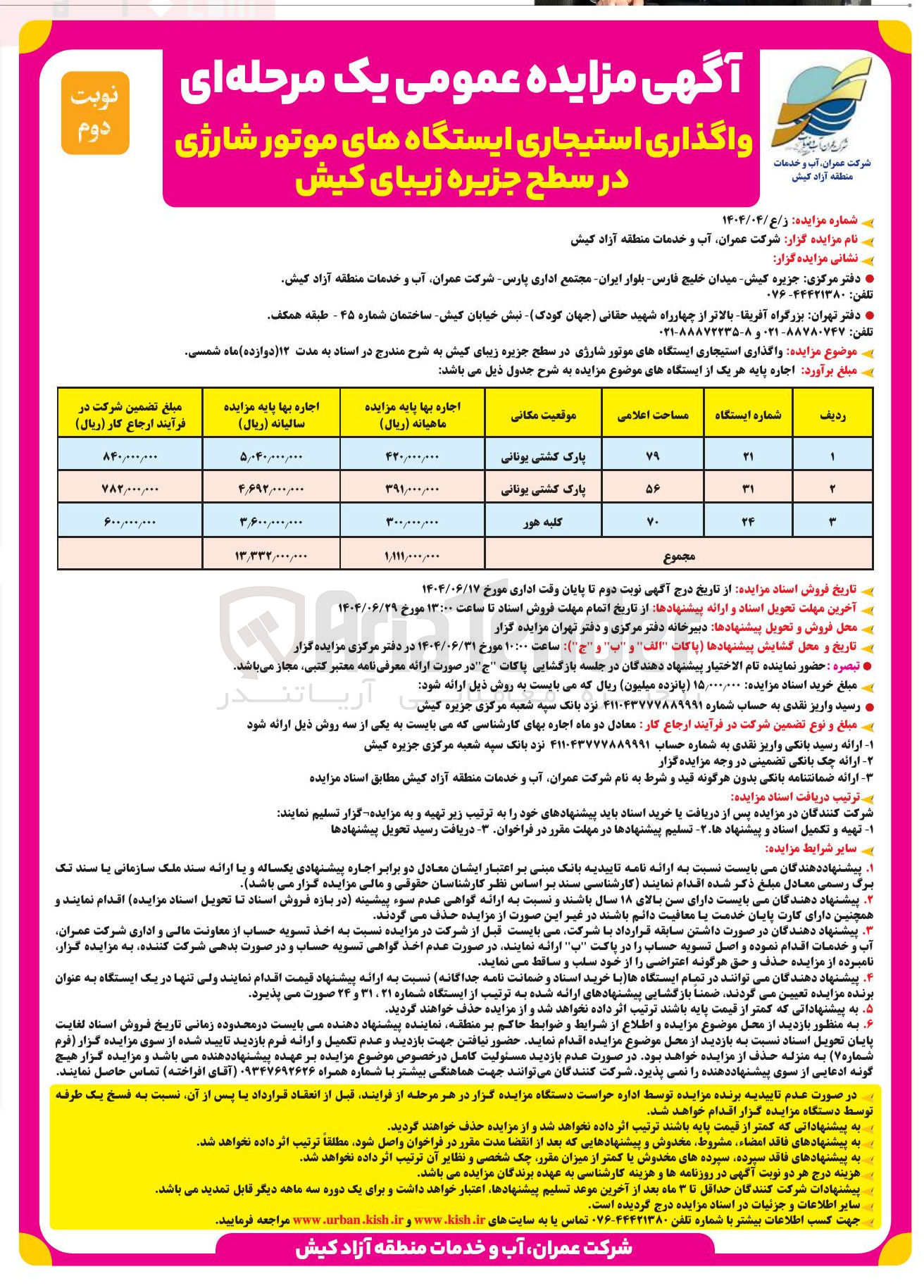 تصویر کوچک آگهی واگذاری استیجاری ایستگاه های موتور شارژی در 3 ردیف