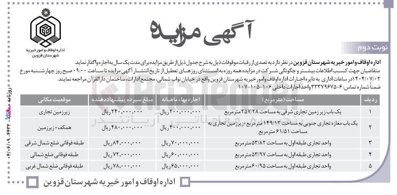 تصویر کوچک آگهی فروش و اجاره رقبات موقوفات در 5 ردیف با کاربری تجاری
