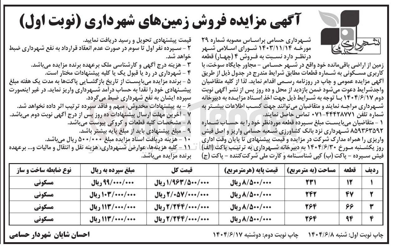 تصویر کوچک آگهی فروش ۴ ( چهار ) قطعه زمین از اراضی باقی مانده