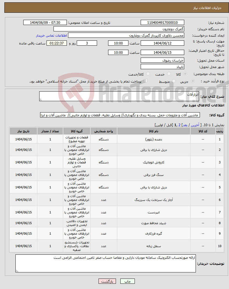 تصویر کوچک آگهی نیاز انتخاب تامین کننده-ابزارآلات