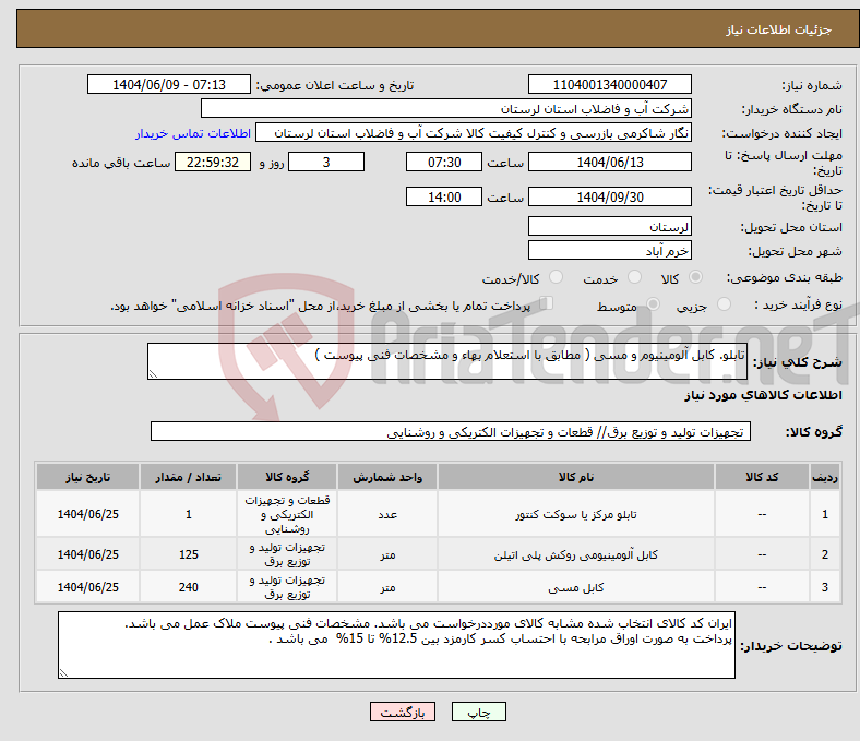 تصویر کوچک آگهی نیاز انتخاب تامین کننده-تابلو. کابل آلومینیوم و مسی ( مطابق با استعلام بهاء و مشخصات فنی پیوست )