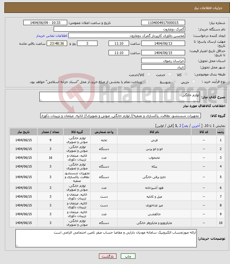 تصویر کوچک آگهی نیاز انتخاب تامین کننده-لوازم خانگی
