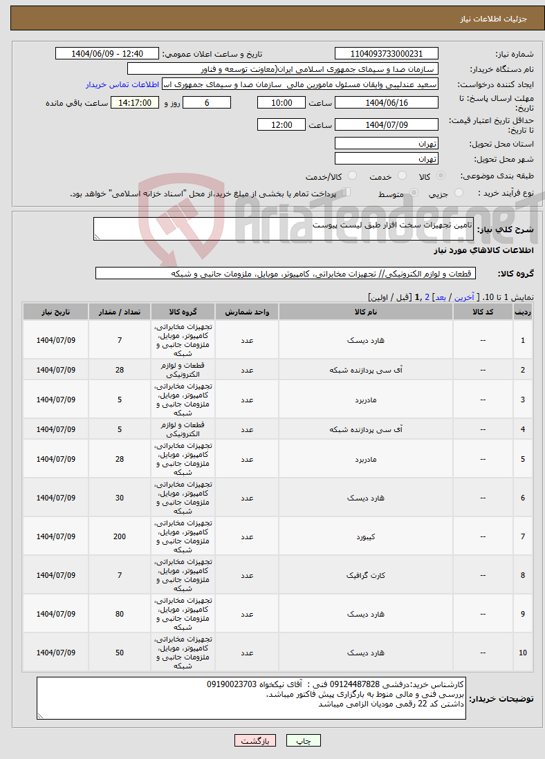 تصویر کوچک آگهی نیاز انتخاب تامین کننده-تامین تجهیزات سخت افزار طبق لیست پیوست