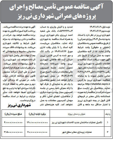 تصویر کوچک آگهی عملیات زیرسازی معابر سطح شهر 