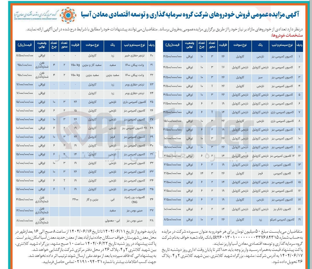 تصویر کوچک آگهی فروش خودرو در 38 ردیف (کامیون کمپرسی بنز - وانت پیکان 1600 و...)