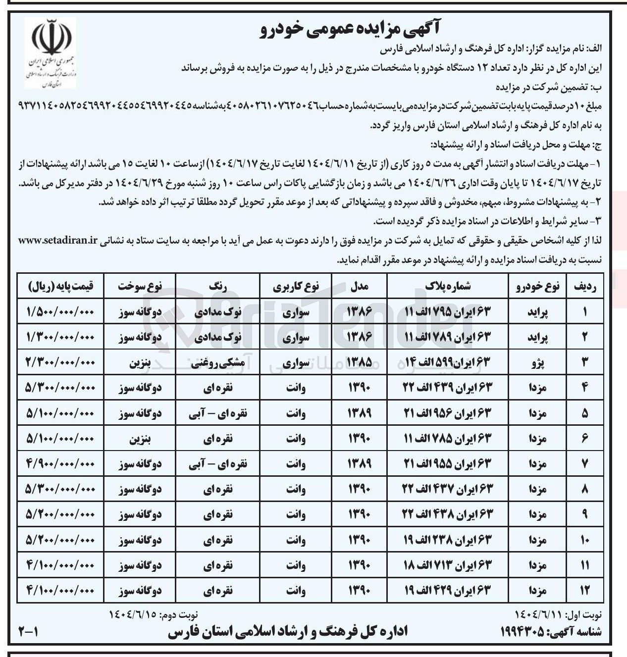 تصویر کوچک آگهی فروش تعداد ۱۲ دستگاه خودرو 
