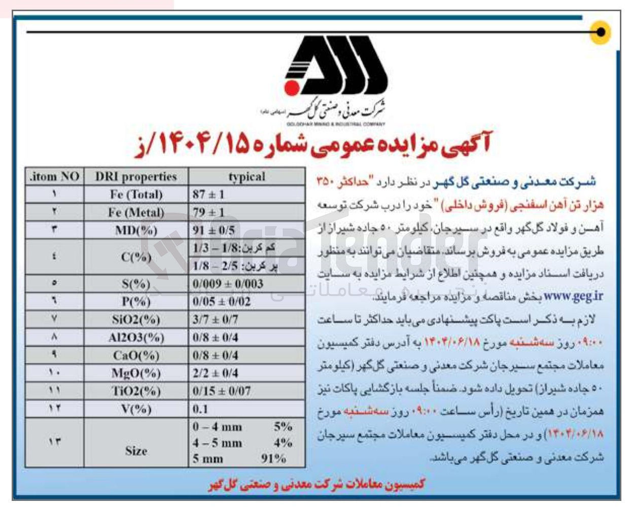 تصویر کوچک آگهی فروش حداکثر ۳۵۰ هزار تن آهن اسفنجی