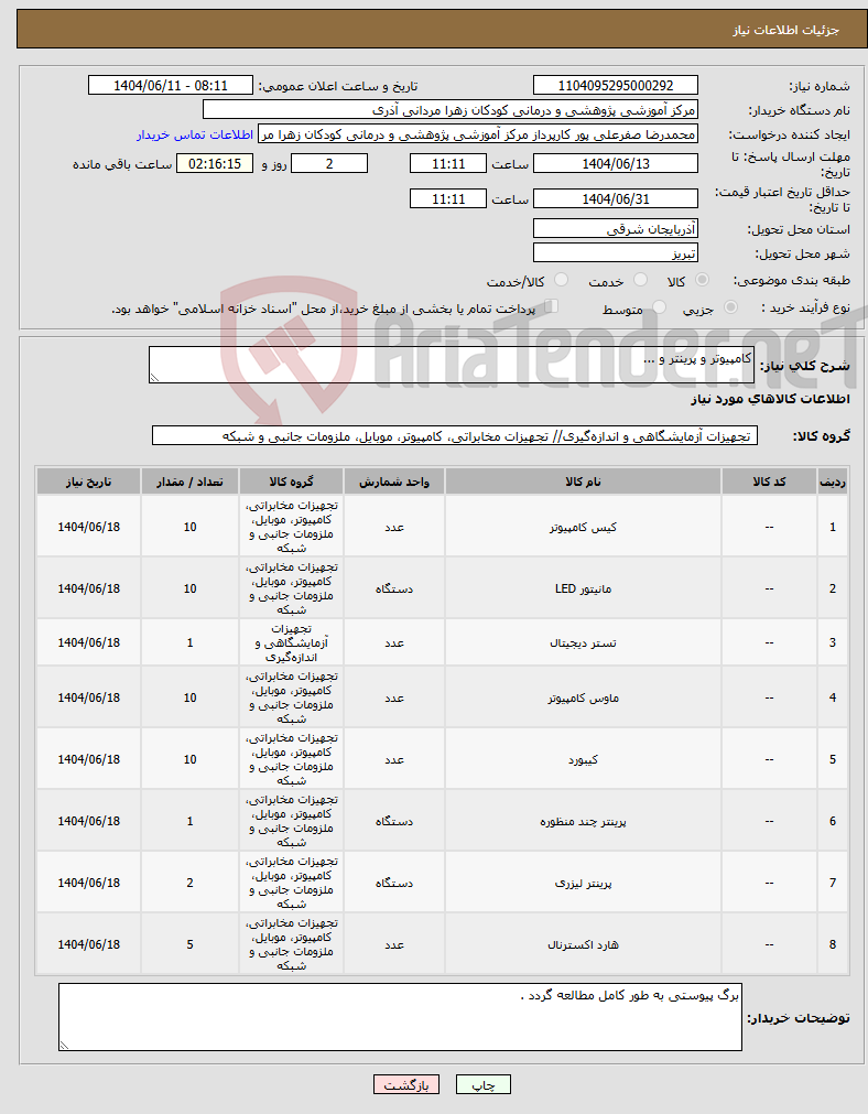 تصویر کوچک آگهی نیاز انتخاب تامین کننده-کامپیوتر و پرینتر و ...