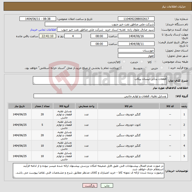 نیاز انتخاب تامین کننده-قطعات یدکی نیسان پیکاب