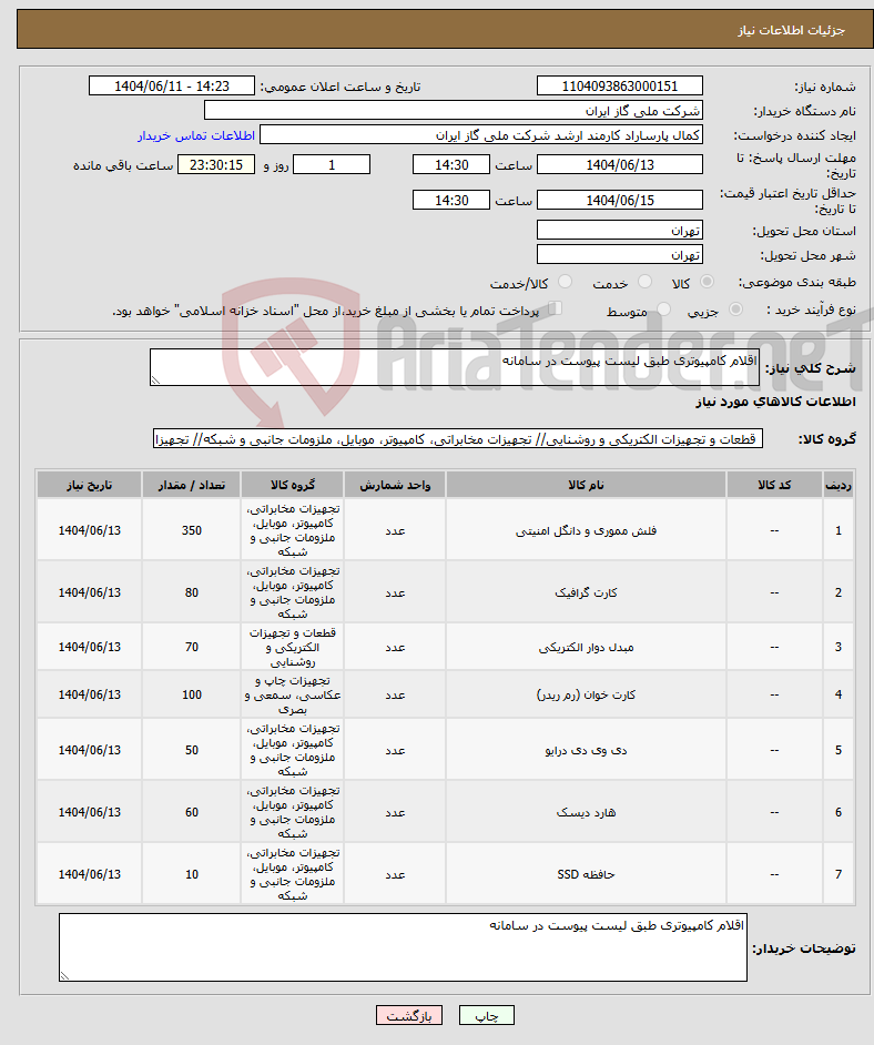 تصویر کوچک آگهی نیاز انتخاب تامین کننده-اقلام کامپیوتری طبق لیست پیوست در سامانه