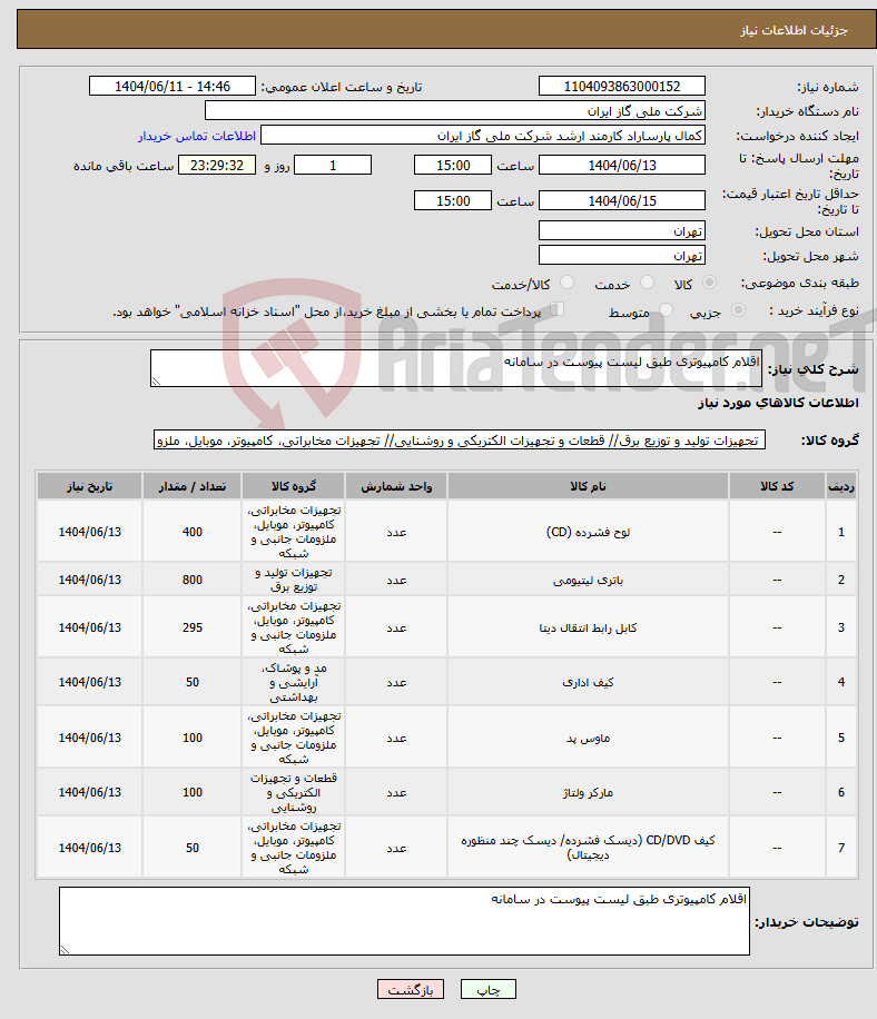 تصویر کوچک آگهی نیاز انتخاب تامین کننده-اقلام کامپیوتری طبق لیست پیوست در سامانه 