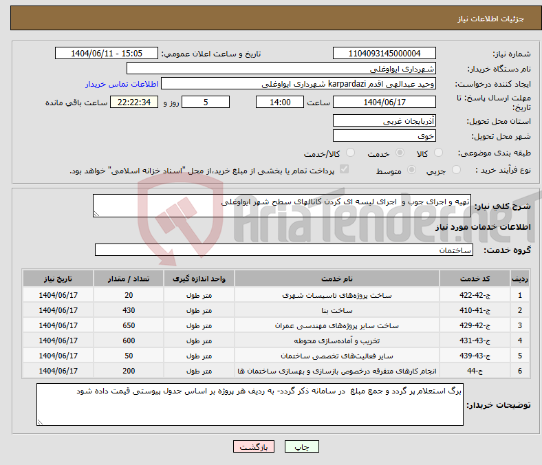 تصویر کوچک آگهی نیاز انتخاب تامین کننده-تهیه و اجرای جوب و اجرای لیسه ای کردن کانالهای سطح شهر ایواوغلی