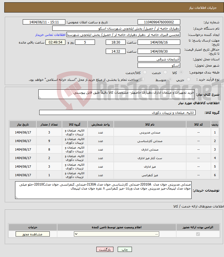 تصویر کوچک آگهی نیاز انتخاب تامین کننده-خرید تجهیزات و مبلمان اداری دهیاری خاصهلر- مشخصات کالا دقیقاً طبق فایل پیوستی 