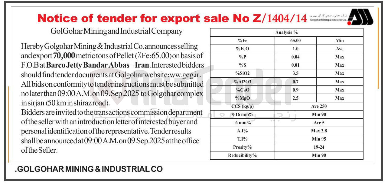 تصویر کوچک آگهی ) Fe:65.00 % ( Pellet of tons metric 70,000