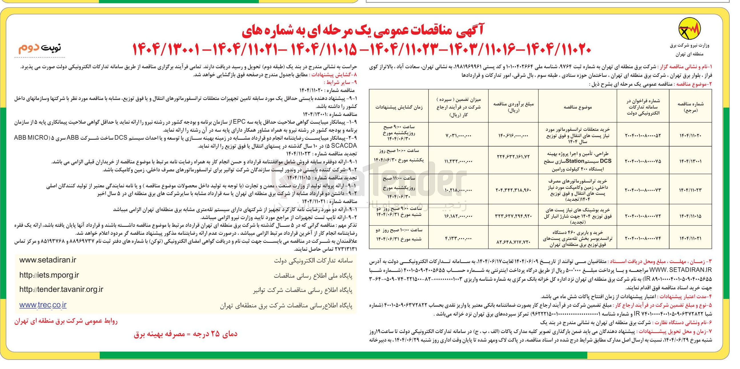 تصویر کوچک آگهی خرید و باربری ۴۶۰ دستگاه ترانسدیوسر بخش تله متری پست های فوق توزیع برق 