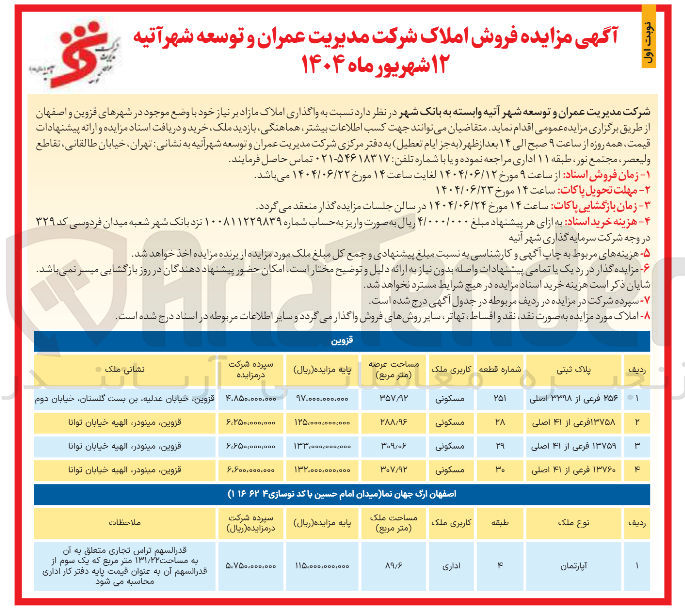 تصویر کوچک آگهی  واگذاری املاک مازاد