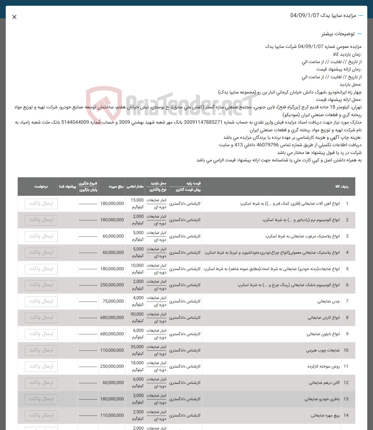 تصویر کوچک آگهی فروش انواع آهن آلات ضایعاتی فلزی کمک فنر و .... ) به شرط اسکرپ - انواع آلومینیوم نرم رادیاتور و ..... به شرط اسکرپ - انواع پلاستیک مرغوب ضایعاتی به شرط اسکرپ - انواع پلاستیک ضایعاتی معمولی انواع چراغ نودری جلو داشبورد و غیره به شرط اسکرپ - انواع ضایعات بدنه خودرو ضایعاتی به شرط امحاء مطابق نمونه شاهد به شرط اسکرپ - انواع آلومينيوم خشک ضایعاتی رینگ چرخ و .... ) به شرط اسکرپ - چدن ضایعاتی - انواع کارتن ضایعاتی - انواع نایلون ضایعاتی - ضایعات چوب هیزمی - روغن سوخته کارکرده - گالن در هم ضایعاتی - باطری خودرو ضایعاتی - پیچ مهره ضایعاتی