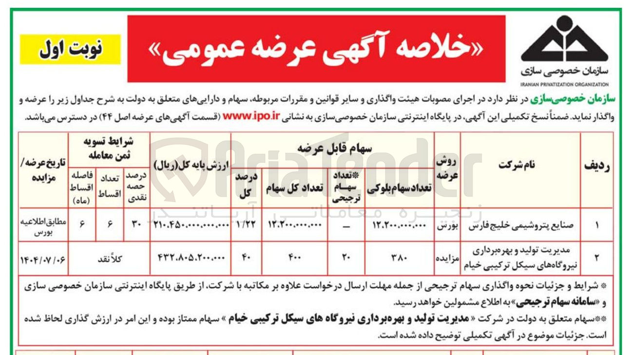 تصویر کوچک آگهی عرضه سهام مدیریت تولید و بهره برداری نیروگاههای سیکل ترکیبی خیام 