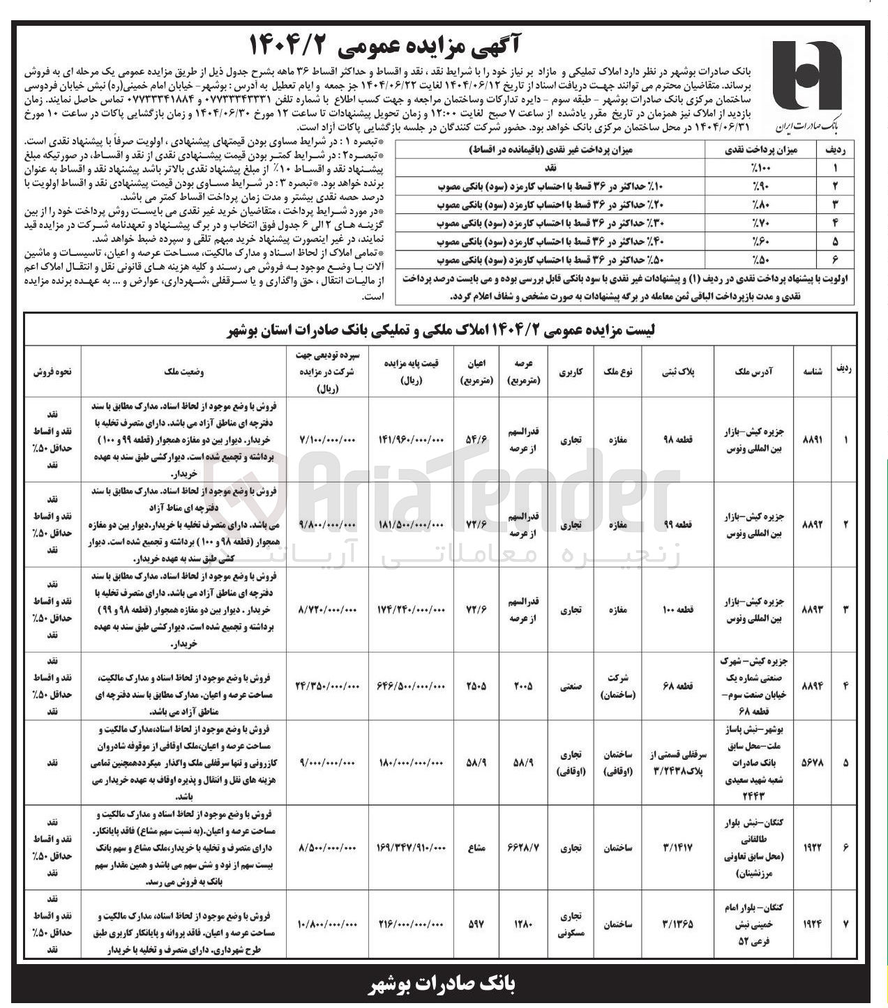 تصویر کوچک آگهی فروش املاک تملیکی و مازاد در 7 ردیف با کاربری تجاری - صنعتی - مسکونی