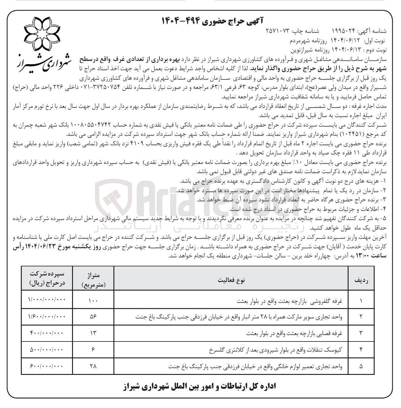 تصویر کوچک آگهی بهره برداری از از تعدادی غرف
