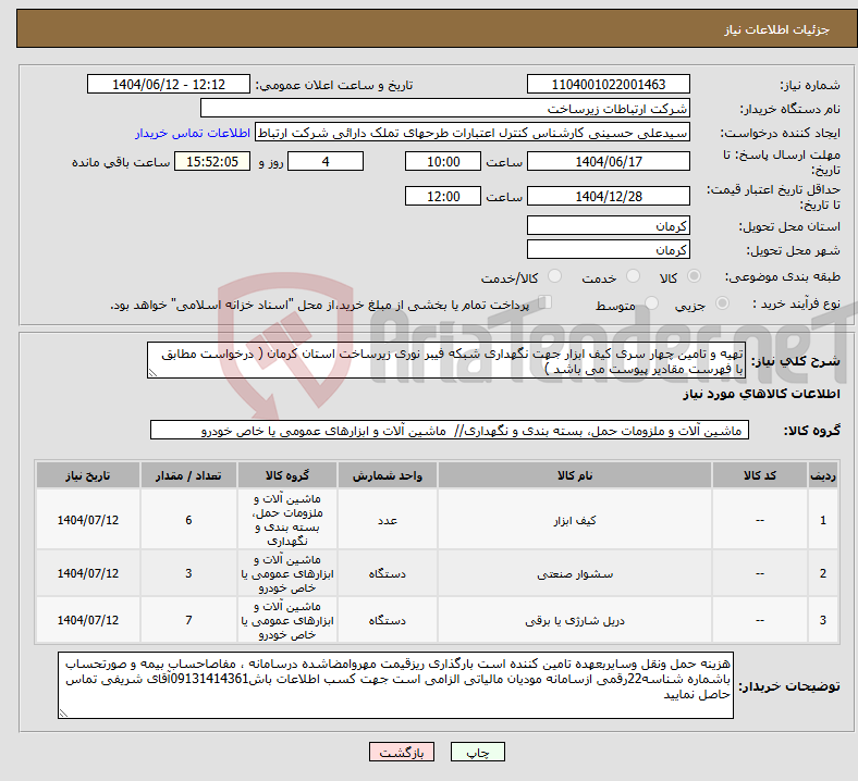 تصویر کوچک آگهی نیاز انتخاب تامین کننده-تهیه و تامین چهار سری کیف ابزار جهت نگهداری شبکه فیبر نوری زیرساخت استان کرمان ( درخواست مطابق با فهرست مقادیر پیوست می باشد )