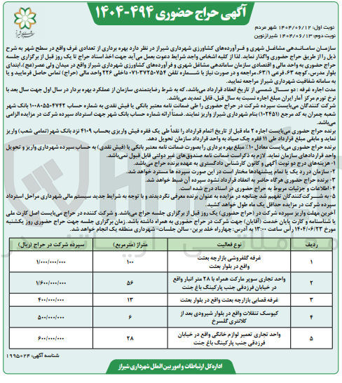 تصویر کوچک آگهی بهره برداری از تعدادی غرف در 5 ردیف (گل فروشی - قصابی - سوپرمارکت - کیوسک تنقلات - تعمیر لوازم خانگی)