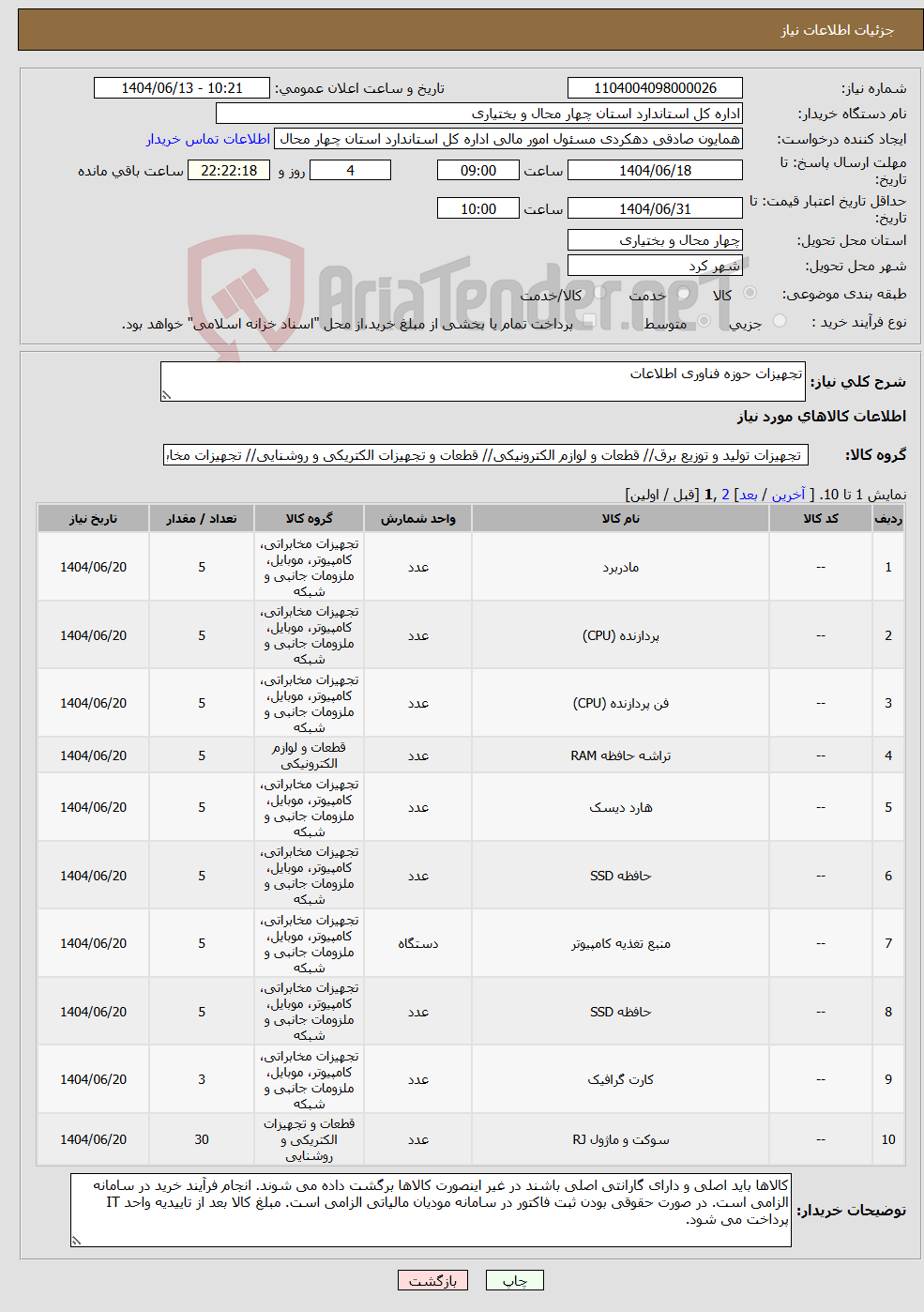 تصویر کوچک آگهی نیاز انتخاب تامین کننده-تجهیزات حوزه فناوری اطلاعات
