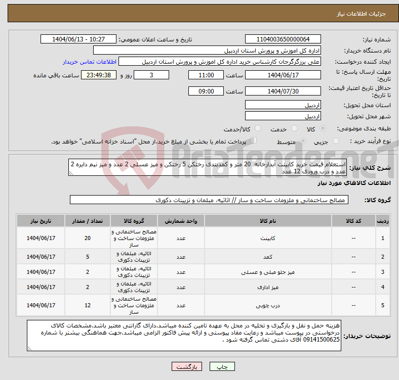 تصویر کوچک آگهی نیاز انتخاب تامین کننده-استعلام قیمت خرید کابینت آبدارخانه 20 متر و کمدبندی رختکن 5 رختکن و میز عسلی 2 عدد و میز نیم دایره 2 عدد و درب ورودی 12 عدد 