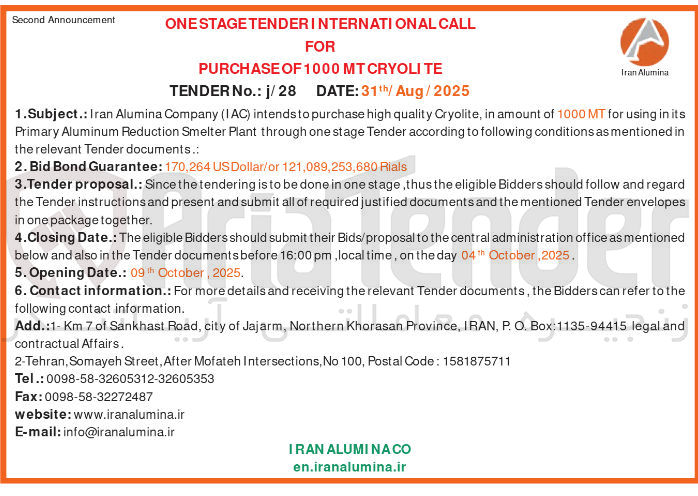 تصویر کوچک آگهی its in using for MT 1000 of amount in  ollowing to according Tender stage one through Plant Smelter Reduction Aluminum Primary : . documents Tender relevant the 
