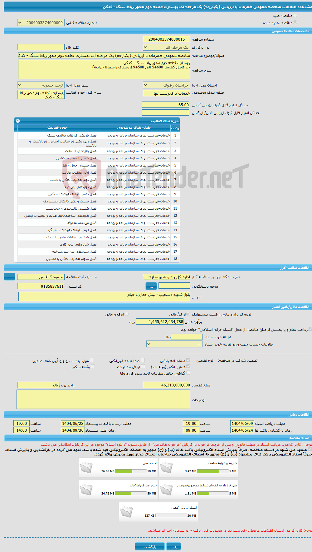 تصویر کوچک آگهی مناقصه عمومی همزمان با ارزیابی (یکپارچه) یک مرحله ای بهسازی قطعه دوم محور رباط سنگ - کدکن