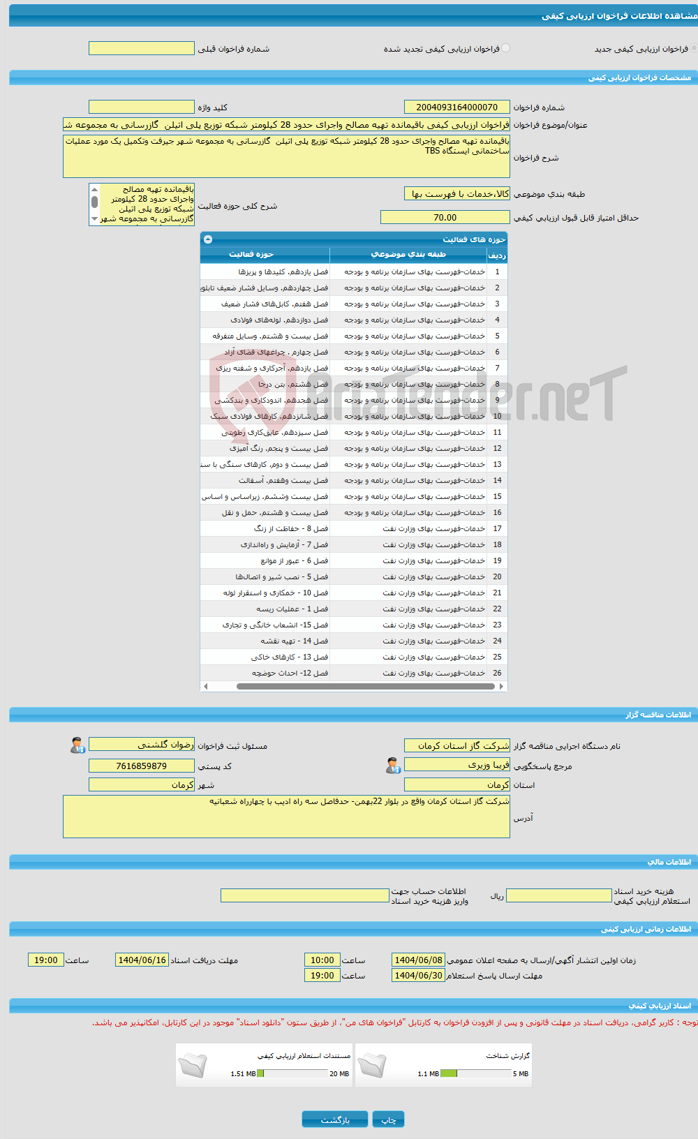 تصویر کوچک آگهی فراخوان ارزیابی کیفی باقیمانده تهیه مصالح واجرای حدود 28 کیلومتر شبکه توزیع پلی اتیلن گازرسانی به مجموعه شهر جیرفت وتکمیل یک مورد عملیات ساختمانی ایست