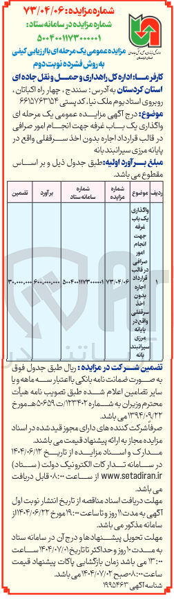 تصویر کوچک آگهی  واگذاری یک باب غرفه جهت انجام امور صرافی
