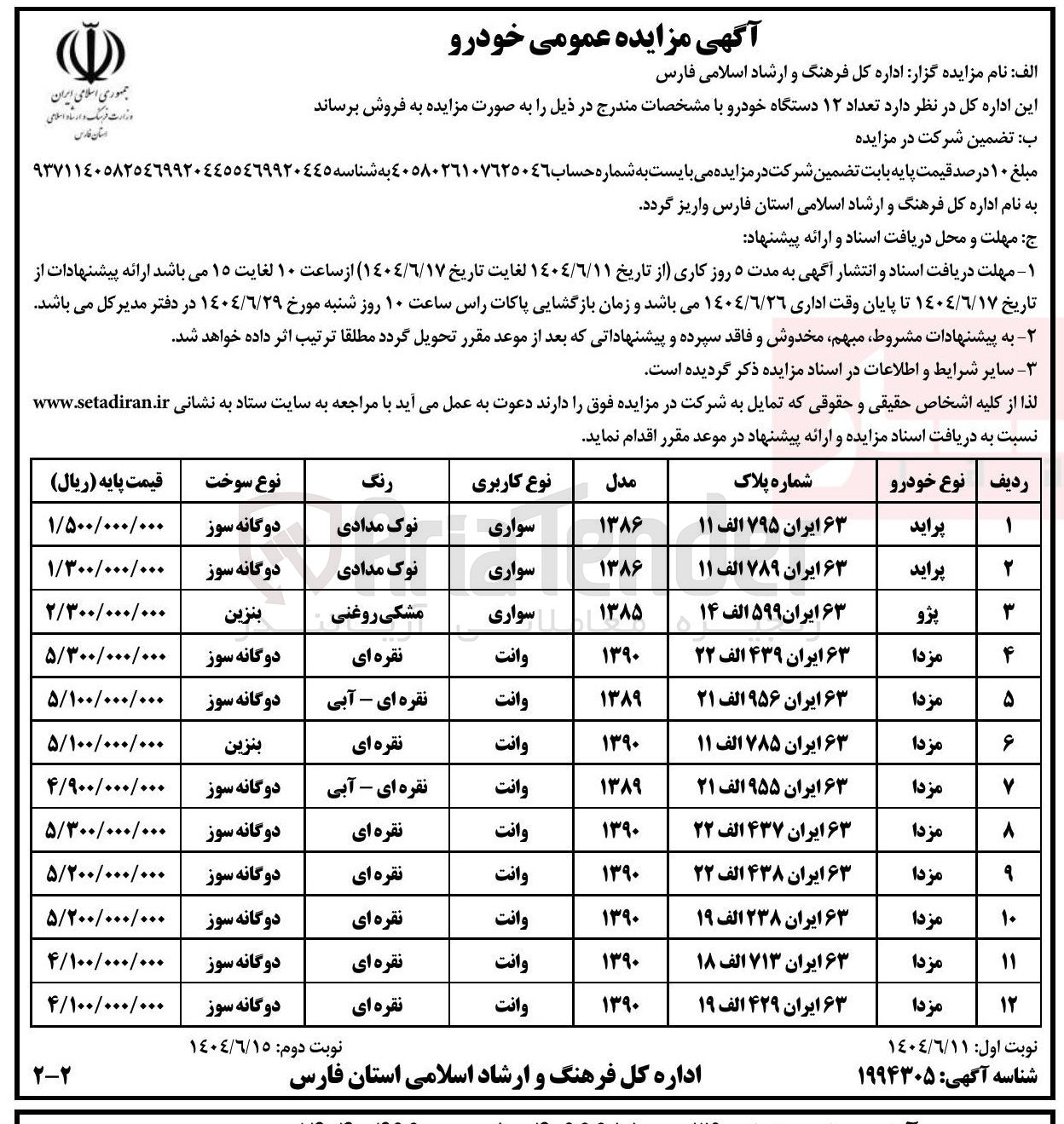 تصویر کوچک آگهی فروش تعداد ۱۲ دستگاه خودرو 