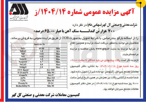 تصویر کوچک آگهی فروش ۷۰ هزار تن گندله سنگ آهن با عیار ۶۵.۰۰ درصد 