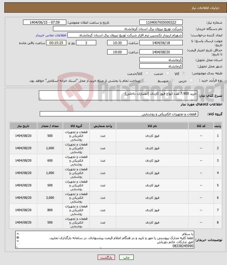 تصویر کوچک آگهی نیاز انتخاب تامین کننده-خرید 7.900 عدد انواع فیوز کاردی (اعتبارات داخلی)