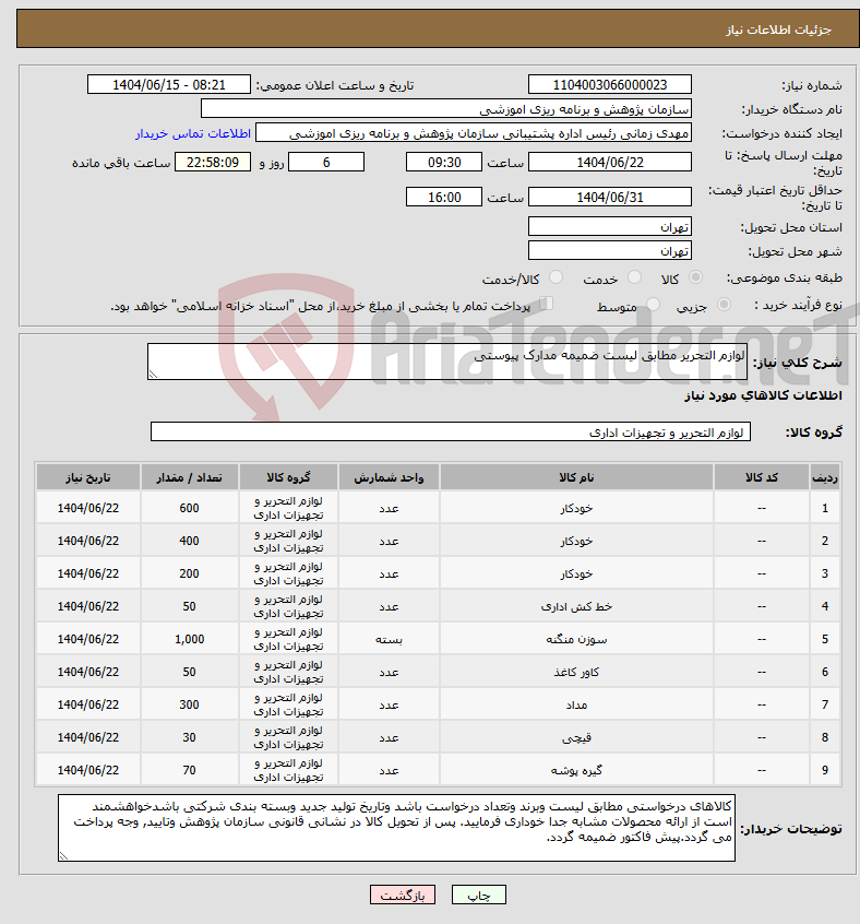 تصویر کوچک آگهی نیاز انتخاب تامین کننده-لوازم التحریر مطابق لیست ضمیمه مدارک پیوستی