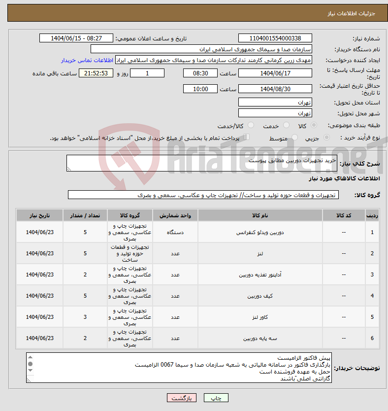 تصویر کوچک آگهی نیاز انتخاب تامین کننده-خرید تجهیزات دوربین مطابق پیوست