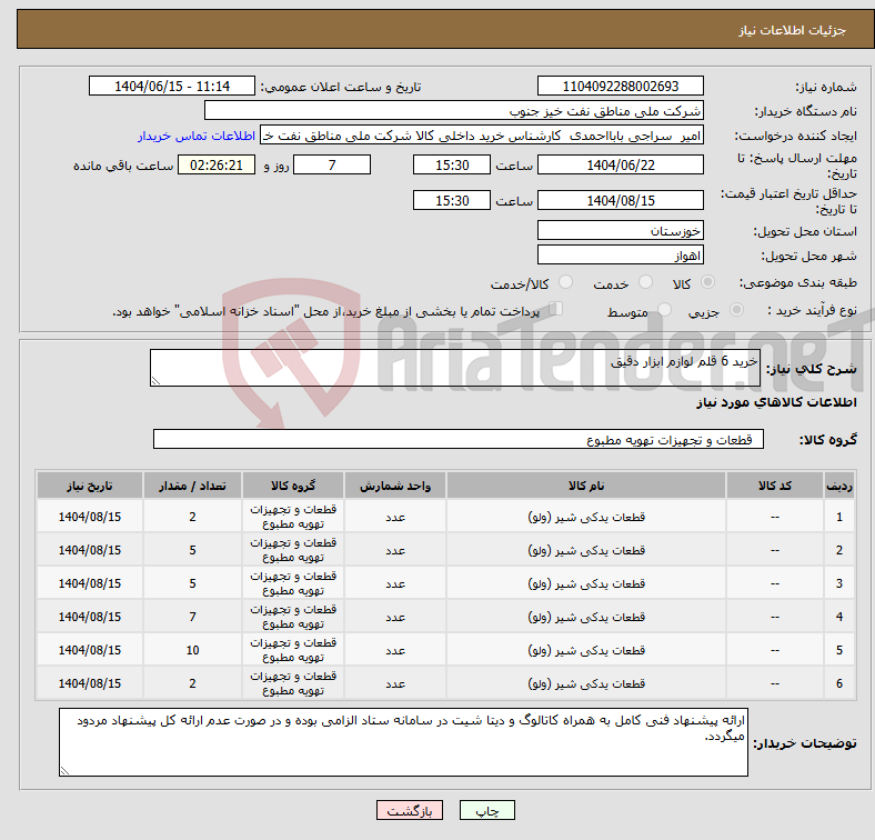 تصویر کوچک آگهی نیاز انتخاب تامین کننده-خرید 6 قلم لوازم ابزار دقیق 