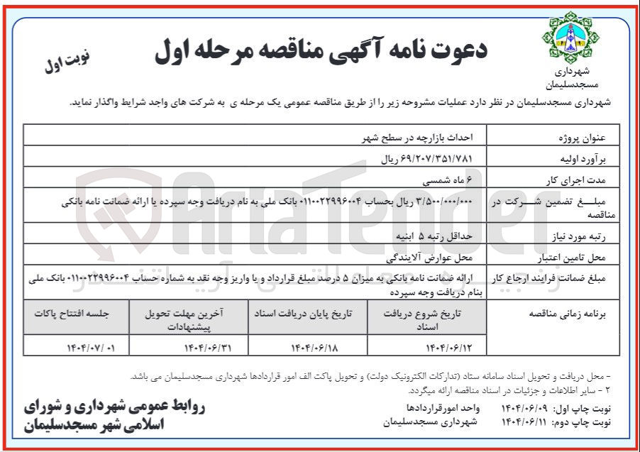تصویر کوچک آگهی احداث بازارچه در سطح شهر