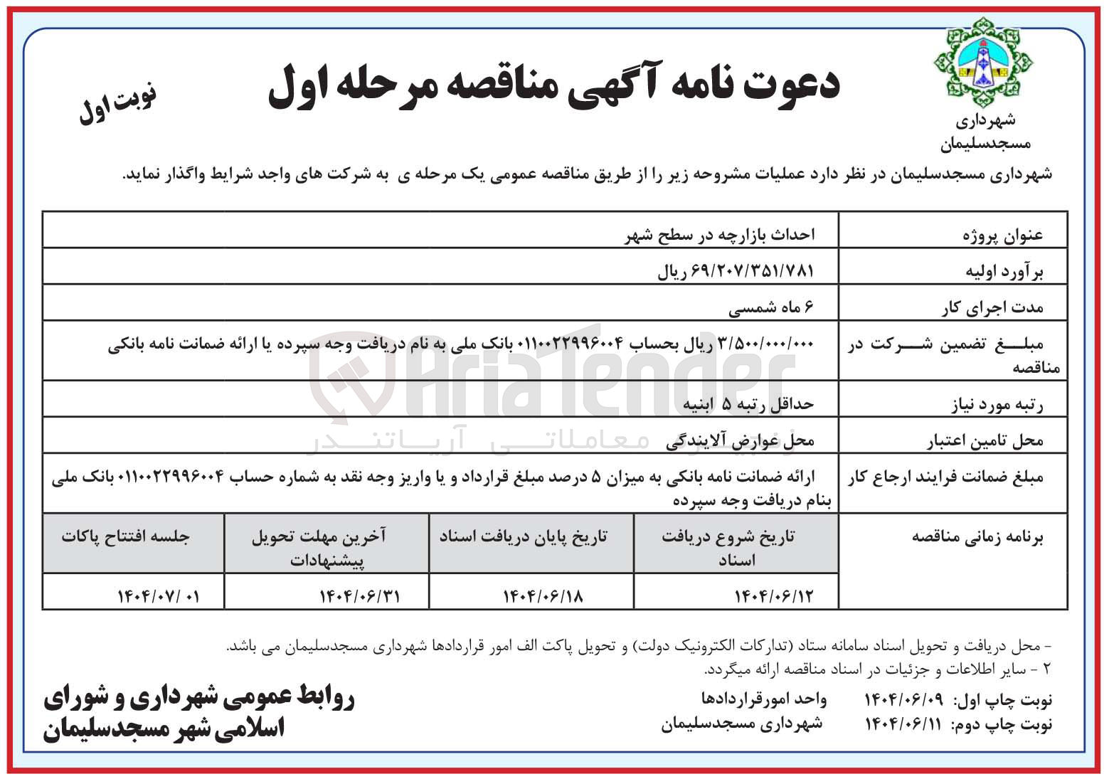 تصویر کوچک آگهی احداث بازارچه در سطح شهر
