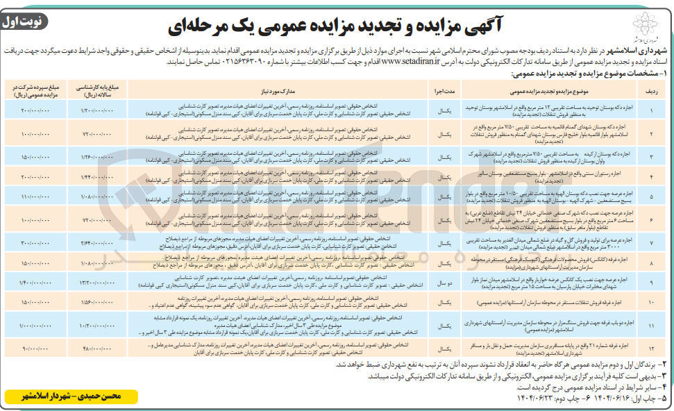 تصویر کوچک آگهی اجاره دکه بوستان توحید به مساحت تقریبی ۱۲ متر مربع به منظور فروش تنقلات - اجاره دکه بوستان شهدای گمنام قائمیه به مساحت تقریبی ۷/۵۰ متر مربع به منظور فروش تنقلات -  اجاره عرصه جهت نصب دکه به مساحت 6 متر مربع به منظور فروش تنقلات - اجاره دکه بوستان ارکیده به مساحت تقریبی ۷/۵۰ متر مربع به منظور فروش تنقلات - اجاره رستوران سنتی - اجاره عرصه جهت نصب دکه به مساحت نقرسی ۱۰/۵۰ متر مربع به منظور فروش تنقلات - اجاره عرصه برای تولید و فروش گل و گیاه به مساحت تقریبی ۳۰۰۰ متر مربع - اجاره غرفه ( کانکس) فروش محصولات فرهنگی ( کیوسک فرهنگی) - اجاره عرصه جهت نصب یک کانکنی عرضه خواربار به مساحت ۱۵ متر مربع - اجاره غرفه فروش تنقلات - اجاره دو باب غرفه جهت فروش سنگ مزار - اجاره غرفه شماره ۲۱ 