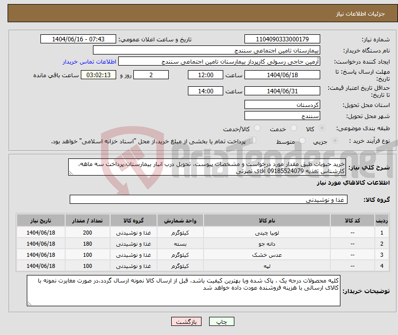 تصویر کوچک آگهی نیاز انتخاب تامین کننده-خرید حبوبات طبق مقدار مورد درخواست و مشخصات پیوست، تحویل درب انبار بیمارستان،پرداخت سه ماهه، کارشناس تغذیه 09185524079 آقای نصرتی