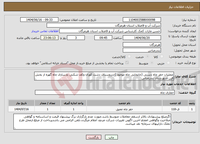 تصویر کوچک آگهی نیاز انتخاب تامین کننده-عملیات حفر چاه دستی (جابجایی چاه موجود ) درروستای دشت کوران وکف شکنی بازسازی چاه گهره از بخش فین شهرستان بندرعباس