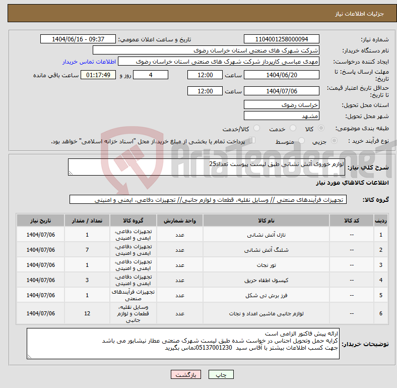 تصویر کوچک آگهی نیاز انتخاب تامین کننده-لوازم خوروی آتش نشانی طبق لیست پیوست تعداد25
