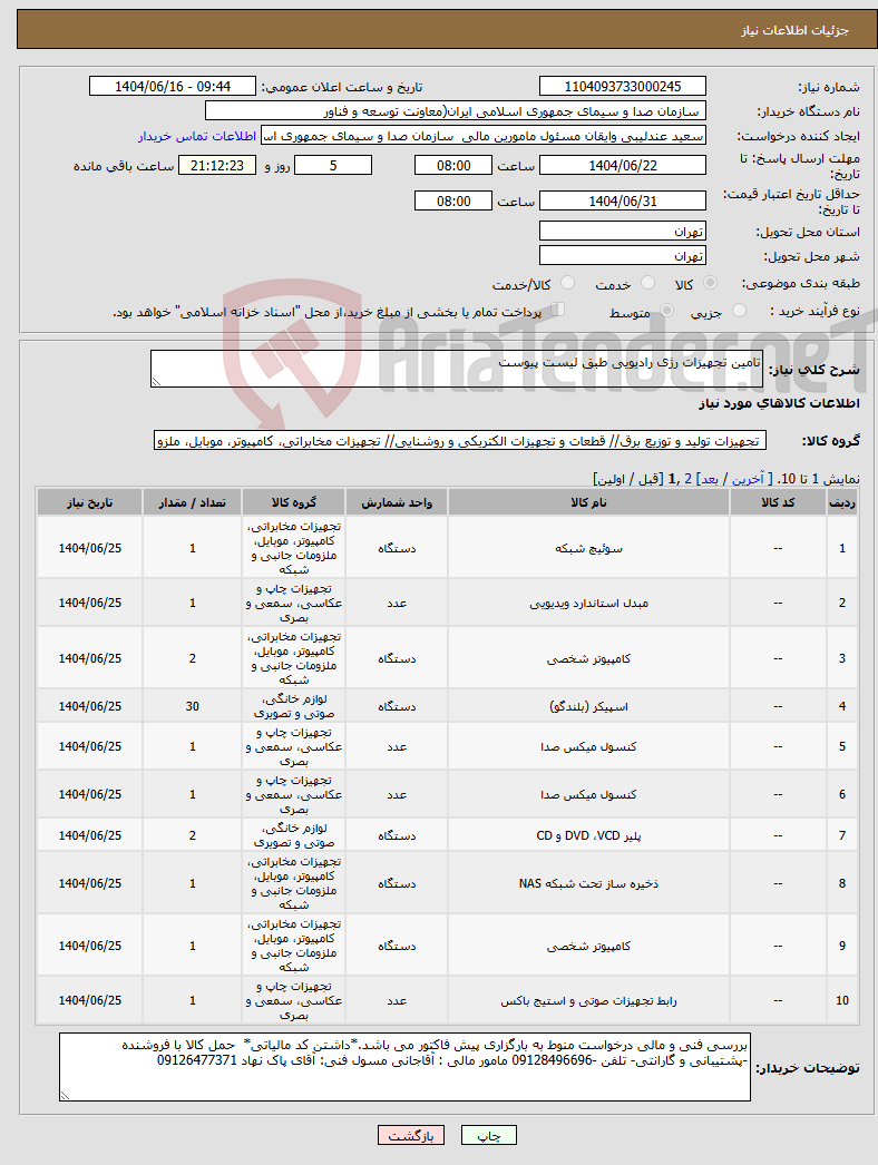 تصویر کوچک آگهی نیاز انتخاب تامین کننده-تامین تجهیزات رژی رادیویی طبق لیست پیوست