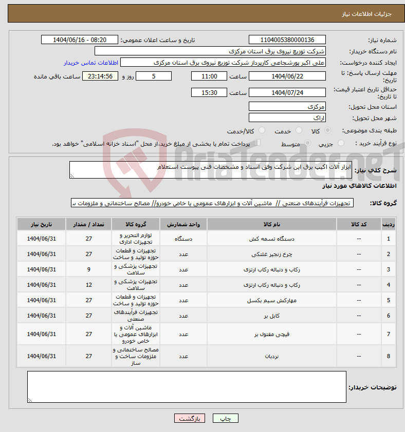 تصویر کوچک آگهی نیاز انتخاب تامین کننده-ابزار آلات اکیپ برق این شرکت وفق اسناد و مشخصات فنی پیوست استعلام 