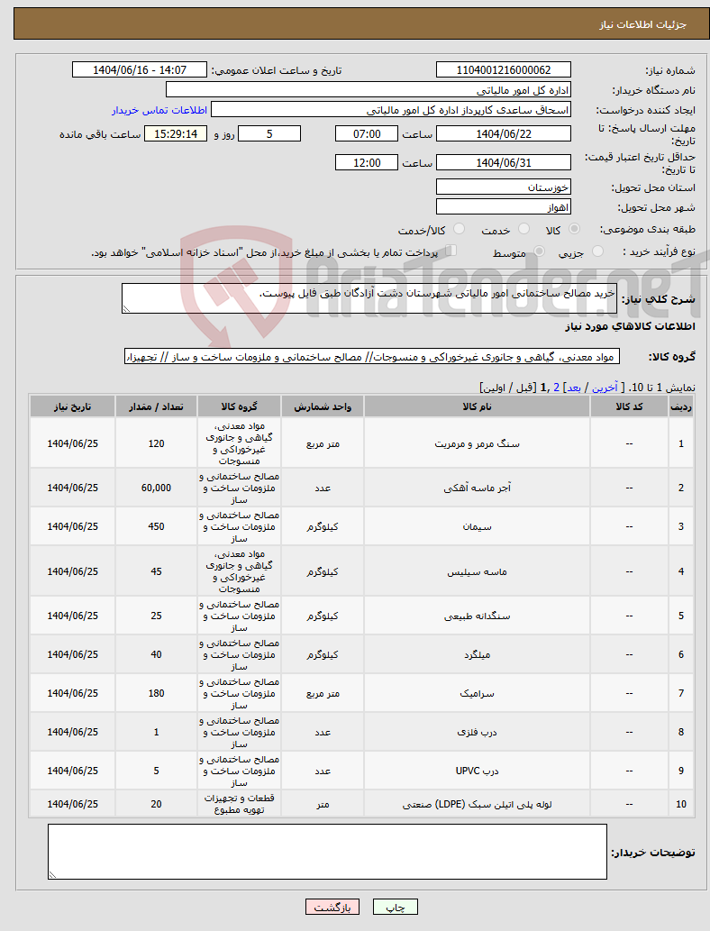 تصویر کوچک آگهی نیاز انتخاب تامین کننده-خرید مصالح ساختمانی امور مالیاتی شهرستان دشت آزادگان طبق فایل پیوست.