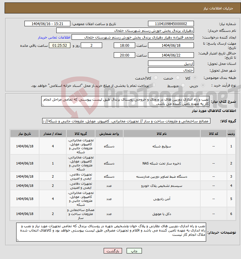 تصویر کوچک آگهی نیاز انتخاب تامین کننده-نصب و راه اندازی دوربین های در ورودی و خروجی روستای برندق طبق لیست پیوستی که تمامی مراحل انجام کار به عهده تامین کننده می باشد.