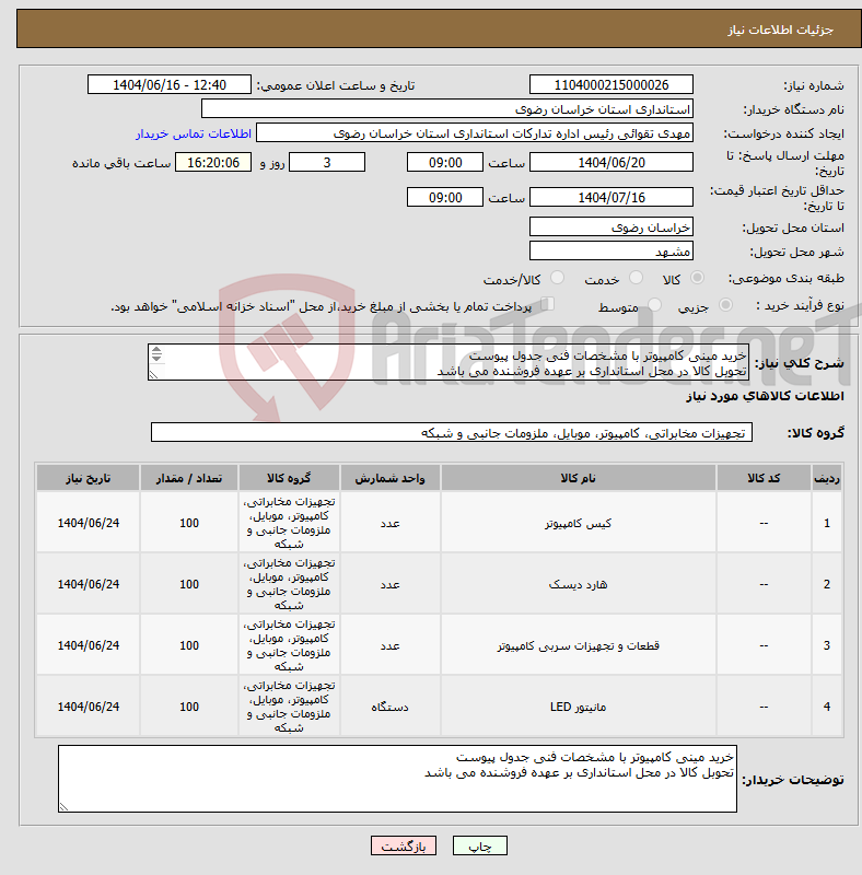 تصویر کوچک آگهی نیاز انتخاب تامین کننده-خرید مینی کامپیوتر با مشخصات فنی جدول پیوست تحوبل کالا در محل استانداری بر عهده فروشنده می باشد