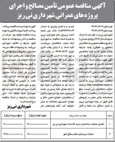 تصویر کوچک آگهی تکمیل عملیات ساختمان جدید الاحداث